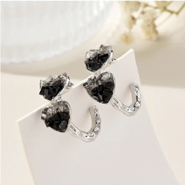 Silver Needle 925 French Vintage Black C-shaped Earrings Zircon Fashion Earrings Simple and Exquisite Light Luxury Earrings