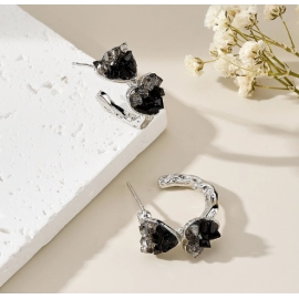 Silver Needle 925 French Vintage Black C-shaped Earrings Zircon Fashion Earrings Simple and Exquisite Light Luxury Earrings