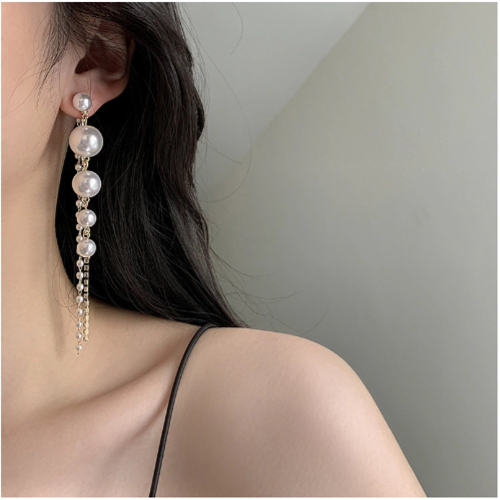 Silver Needle Korean Celebrity Style Pearl Tassel Long Style with Diamonds Personalized Simple Temperament Mesh Red Earrings Silver Needle Korean Celebrity Style Pearl Tassel Long Style with Diamonds Personalized Simple Temperament Mesh Red Earrings