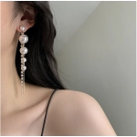 Silver Needle Korean Celebrity Style Pearl Tassel Long Style with Diamonds Personalized Simple Temperament Mesh Red Earrings