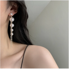 Silver Needle Korean Celebrity Style Pearl Tassel Long Style with Diamonds Personalized Simple Temperament Mesh Red Earrings