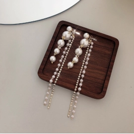Silver Needle Korean Celebrity Style Pearl Tassel Long Style with Diamonds Personalized Simple Temperament Mesh Red Earrings