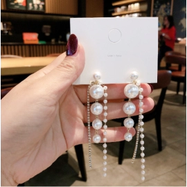 Silver Needle Korean Celebrity Style Pearl Tassel Long Style with Diamonds Personalized Simple Temperament Mesh Red Earrings